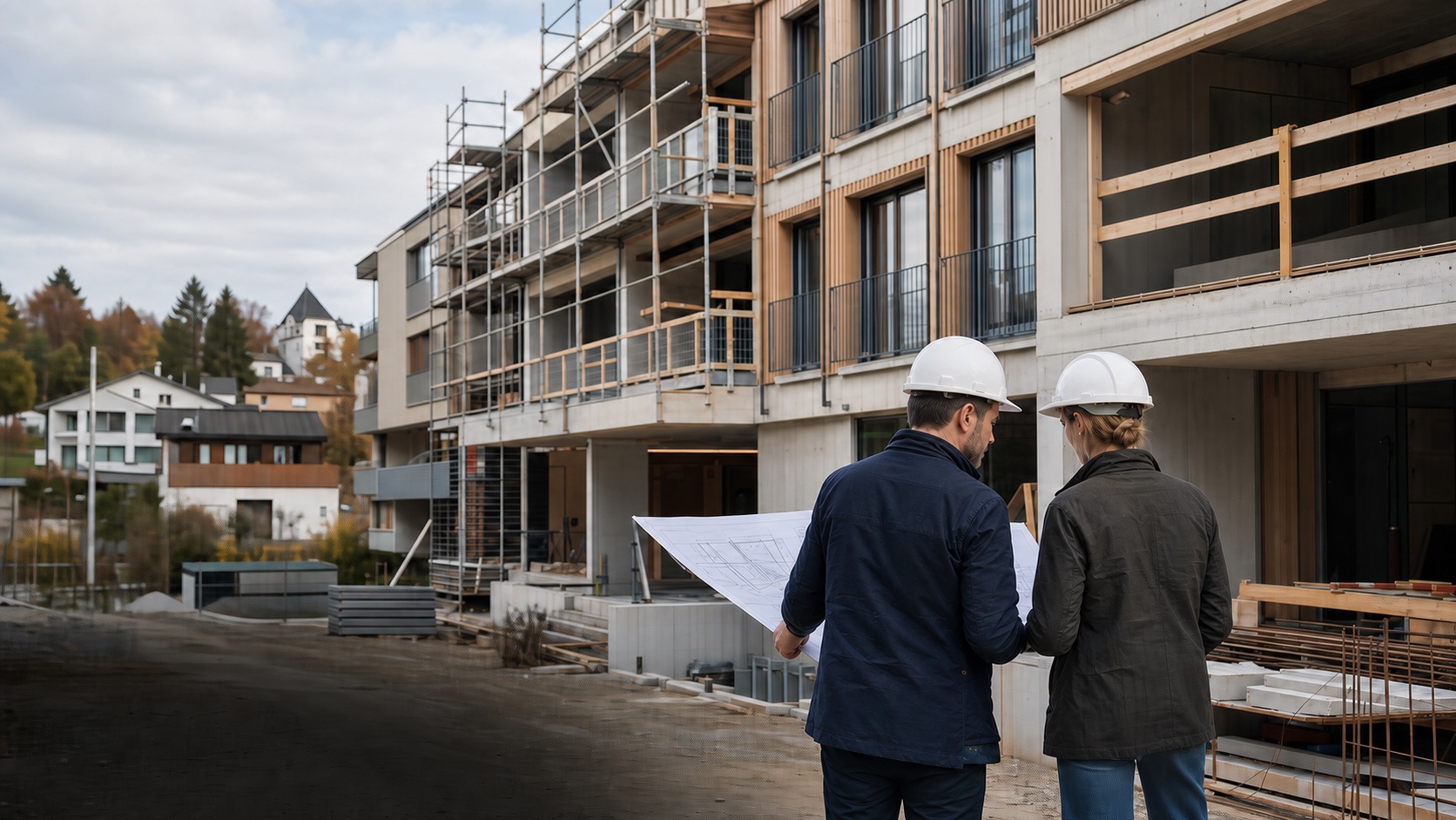 Projektverantwortliche koordinieren die Umsetzung eines Mehrfamilienhauses vor Ort